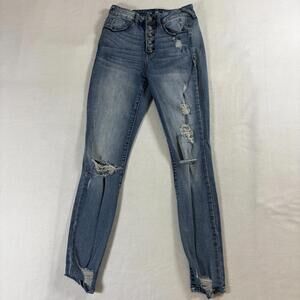Womens Y2K Skinny Distressed Jeans High Rise Button Fly Tag 3 Fits Like 24 X 27